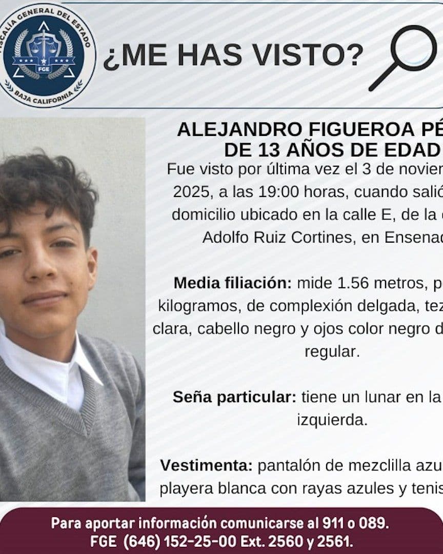 Activan Pesquisa para Localizar a Alejandro Pérez de 13 Años Desaparecido en Ensenada